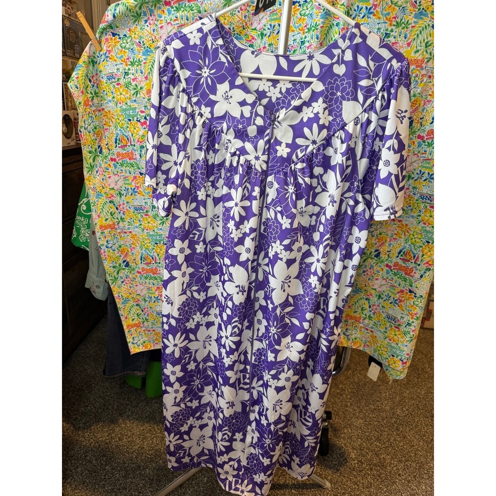 178 Anthony Richards Purple‎ Floral Muumuu House Dress Short Sleeve Zip Front L